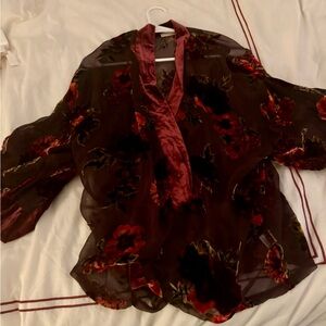 Floral Sheer kimono with Velvet Trim